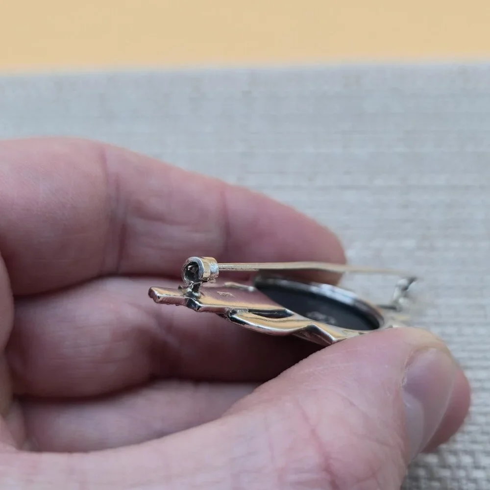 Sterling Silver Black Onyx And Marcasite Stones Pin Brooch B780 - Picture 6 of 8